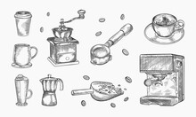 Coffee Making Icons Set. Vector Hand Drawn Sketch Illustration. Cup With Hot Drinks, Espresso, Cappuccino, Latte, Isolated On White Background. Cafe Menu, Vintage Labels Or Packaging Design Elements