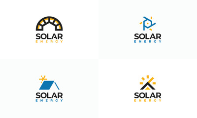 Set of Solar Energy logo designs vector, Sun power logo, Solar energy with rooftop House logo