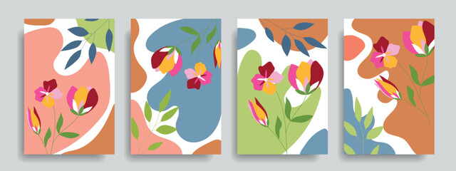 Wall Mural - Set of modern abstract covers with flowers. Bright floral background.