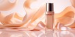 product mockup, A bottle of liquid foundation is scattered in the picture like a ribbon of liquid foundation. The background is bright and soft light. 