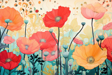 Wall Mural - Abstract summer garden illustration watercolor art nature background red poppy blooming floral flowers flora