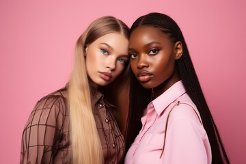 fashionable Two young multiracial women posing together isolated on pink background