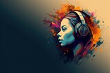 Fototapeta Przestrzenne -  illustration energy vibes colorful music listening headphones woman young Portrait