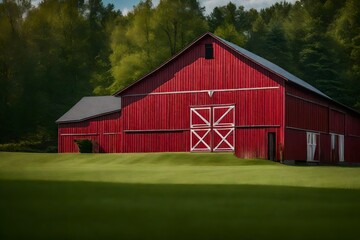 Wall Mural - Red barn on a green lawn