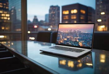 Workplace with notebook laptop Comfortable work table in office windows and city view.