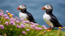 Two Atlantic puffins (Fratercula arctica) sitting on green grass with pink flowers. AI Generative
