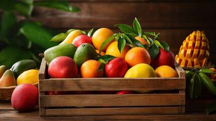 Wall Mural - Tropical fruits Wooden crate with assorted mangoes in rustic kitchen. Natural lighting AI Generative