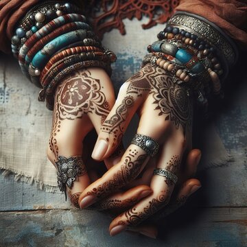 The girl's hands are covered with a Henna pattern. Generative AI
