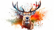 watercolor deer illustration with splash watercolor textured background. AI Generative