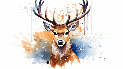 Wall Mural - watercolor deer illustration with splash watercolor textured background. AI Generative