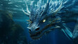 Head of a Fantasy Evil dragon with glowing eyes. Mythical creature in the sea Fearsome AI Generative