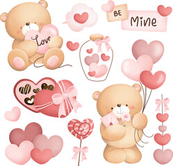 Wall Mural - Watercolor Illustration set of Valentine Teddy Bear and love elements