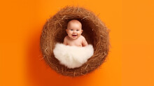 16:9 Or 9:16 Photo Of A Cute Baby Happily Nestled In An Easter Egg Nest.for Backgrounds Screens Greeting Card Or Other High Quality Printing Projects.