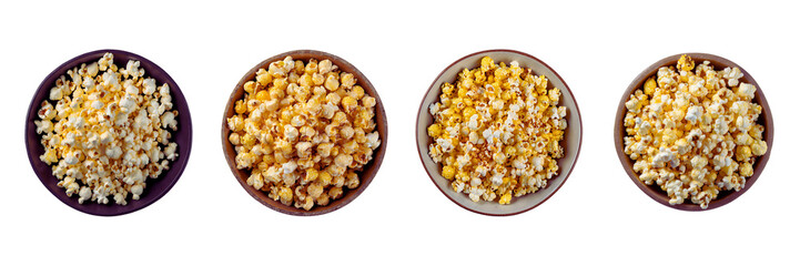 Set of Four Bird's eye view and trimmed photo of a popcorn dish, isolated over on transparent background.