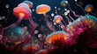 A group of jellyfishs floating in the ocean. Generative AI.