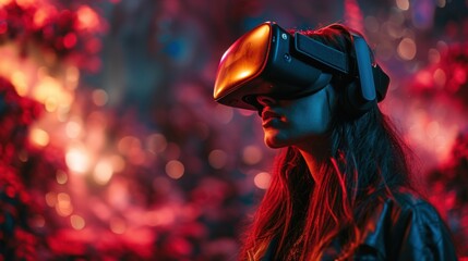 Canvas Print - Girl uses virtual reality headset, universe sky game technology