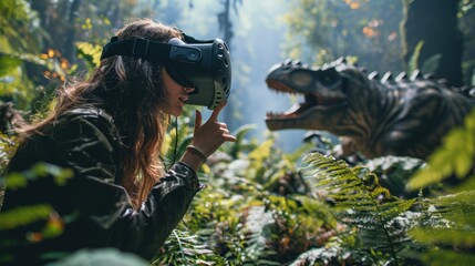 Canvas Print - Girl uses virtual reality headset in prehistoric world around dinosaurs