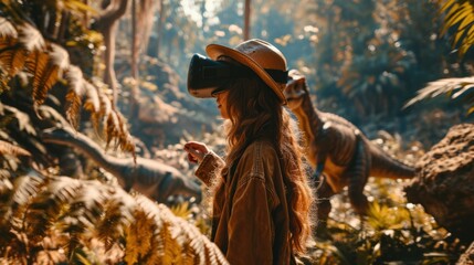 Wall Mural - Girl uses virtual reality headset in prehistoric world around dinosaurs