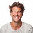 © jarntag - a professional portrait studio photo of a handsome young white american man model with perfect clean teeth laughing and smiling. isolated on white background. for ads and web design