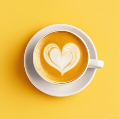 Poster - A cappuccino with heart shape in the foam on a yellow background. Generative AI.