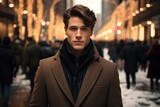 Fototapeta  - A men with with short straight brown hair in long coat standing in Christmas in New York. Generative AI.