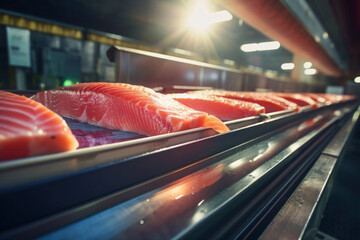 Wall Mural - A production line of fresh salmon fillets at a fish processing factory. Close-up.