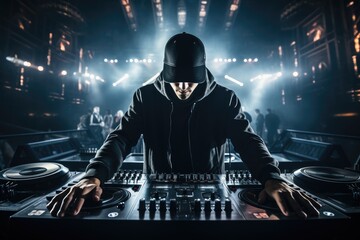 Fototapete - Techno dj in underground club standing at mixing table. Generative AI.