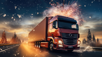 Wall Mural - Modern truck on the road with fireworks in the sky. Generative AI.