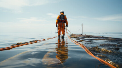 Poster - Shot of worker in high-vis gear guiding cable into the sea. Generative AI.