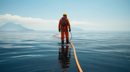 Poster - Shot of worker in high-vis gear guiding cable into the sea. Generative AI.