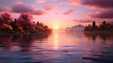 Wall Mural - Beautiful and lake during a pink sunset. Generative AI.