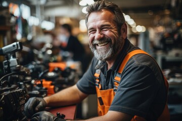 Wall Mural - Happy middle aged worker in powertools shop. Generative AI.