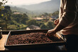 a man holding a wood tray of coffee beans in front of nature background bokeh style background