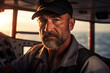 portrait of middle age fisherman in the boat bokeh style background