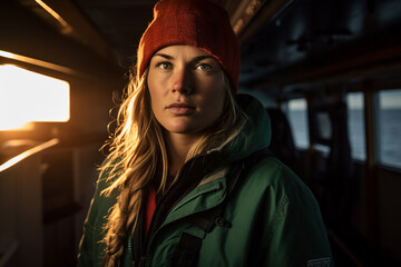 portrait of a young fisherwoman in the boat bokeh style background