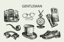 Sketch Gentlemen Accessories. Hand Drawn Men Illustrations Set