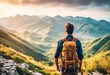Rear view portrait of young man traveler with backpack standing on a mountain with, Travel Life style and Adventure concept.