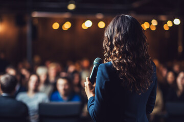 a woman speaking in front of crowd people bokeh style background