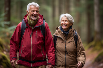 old couple hiking in the forest bokeh style background