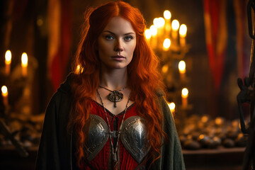 Wall Mural - Viking chieftain, a woman in her late 30s, with vibrant red hair, wearing a richly decorated cloak and an ornate, metalwork necklace. She stands authoritatively in front of a large wooden hall