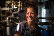 © toonsteb - handywoman repairing pipe in the mechanical room bokeh style background
