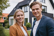 young dutch couple standing in front of modern detached dutch house, netherlands, eco-friendly house, eco house, beautiful garden, buying new house, real estate, mortgage loan
