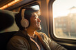 © toonsteb - asian male passenger wearing headphones on the train bokeh style background