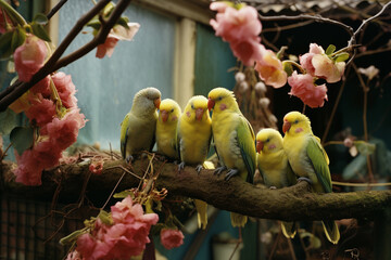 Leinwandbilder - A charming scene of parakeets perched together, engaged in preening rituals, showcasing their social bonds within the tropical habitat.