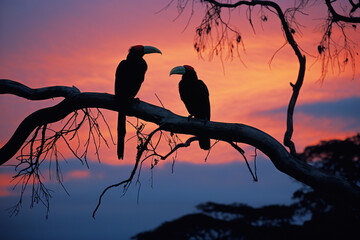 Leinwandbilder - A tranquil twilight scene featuring toucans perched on branches, their silhouettes against the fading light creating a sense of tranquility.