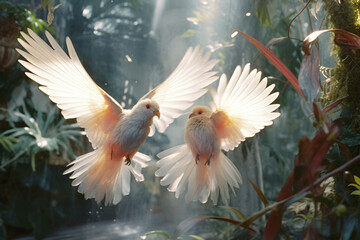 Leinwandbilder - An artistic depiction of abstract birds with watercolor-like wings, blending into the tropical landscape with a dreamy and ethereal quality.