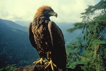 Aufkleber - An eagle-eyed view of an eagle surveying the expansive tropical forest, its keen gaze symbolizing the watchful guardianship of the vibrant ecosystem.