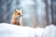 a lone fox sitting in a snowy clearing