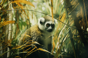 Leinwandbilder - An abstract portrayal of lemurs in layers of movement and energy, blending seamlessly with the textures of the tropical forest.