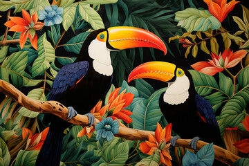 Leinwandbilder - An abstract tapestry of toucans with vibrant beaks, their forms weaving into the tropical foliage to form a visually striking composition.
